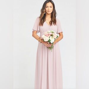 NWT SZ S Mumu Weddings Emily Empire Maxi Dress in neutral mauve chiffon